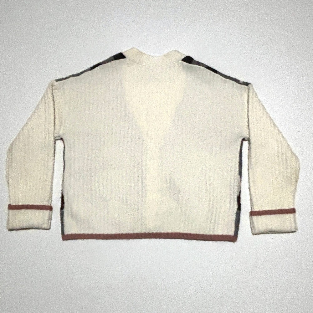 Rachel Zoe Argyle Cardigan Sweater Cream Black Grey Pink Ribbed Cuffs preppS - Picture 3 of 8